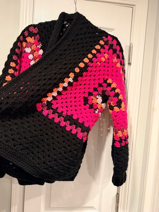 Handmade Crochet Granny Square One Size Cozy Cardigan Boho Chunky Knit Sweater - Picture 7 of 8